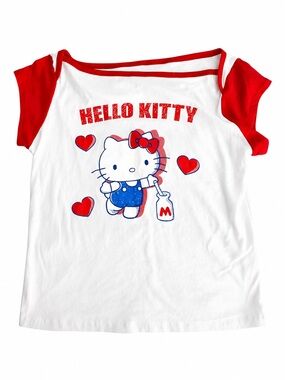 Hello Kitty White Tee with Red Trim and Blue Graphic